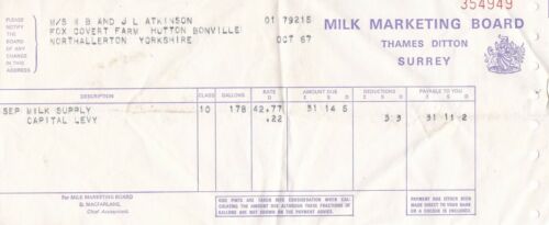 Milchmarketingbrett 1967 Thames Ditton Surrey Milchversorgung Quittung Ref 37926 - Bild 1 von 2