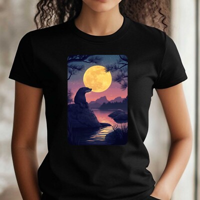 T-Shirt Frauen Otter an Vollmond Motiv Baumwolle Größe XS bis 3XL