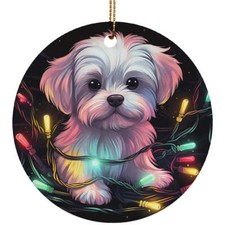 Cute Maltese Puppy Dog In Christmas Light Ornament Ceramic Gift Decor Hanging