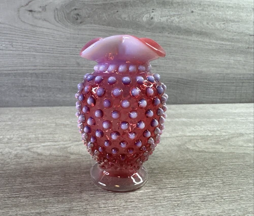 Vintage Fenton Cranberry Opalescent Glass Hobnail Crimped Vase 4"
