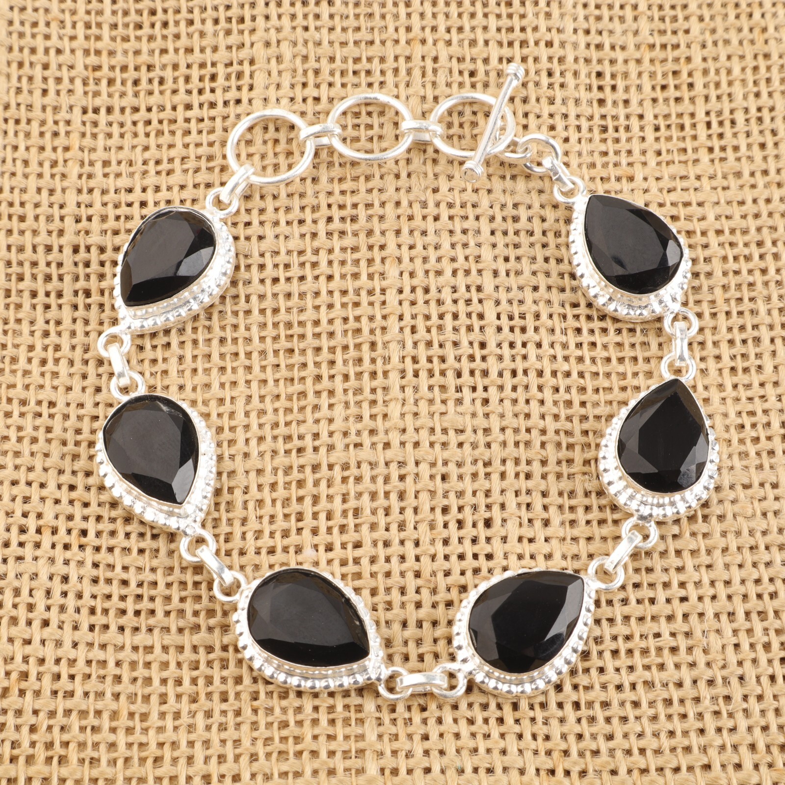 Black Onyx Gemstone Art Deco Mother Chain Bezel Wedding Bracelet Sterling Silver