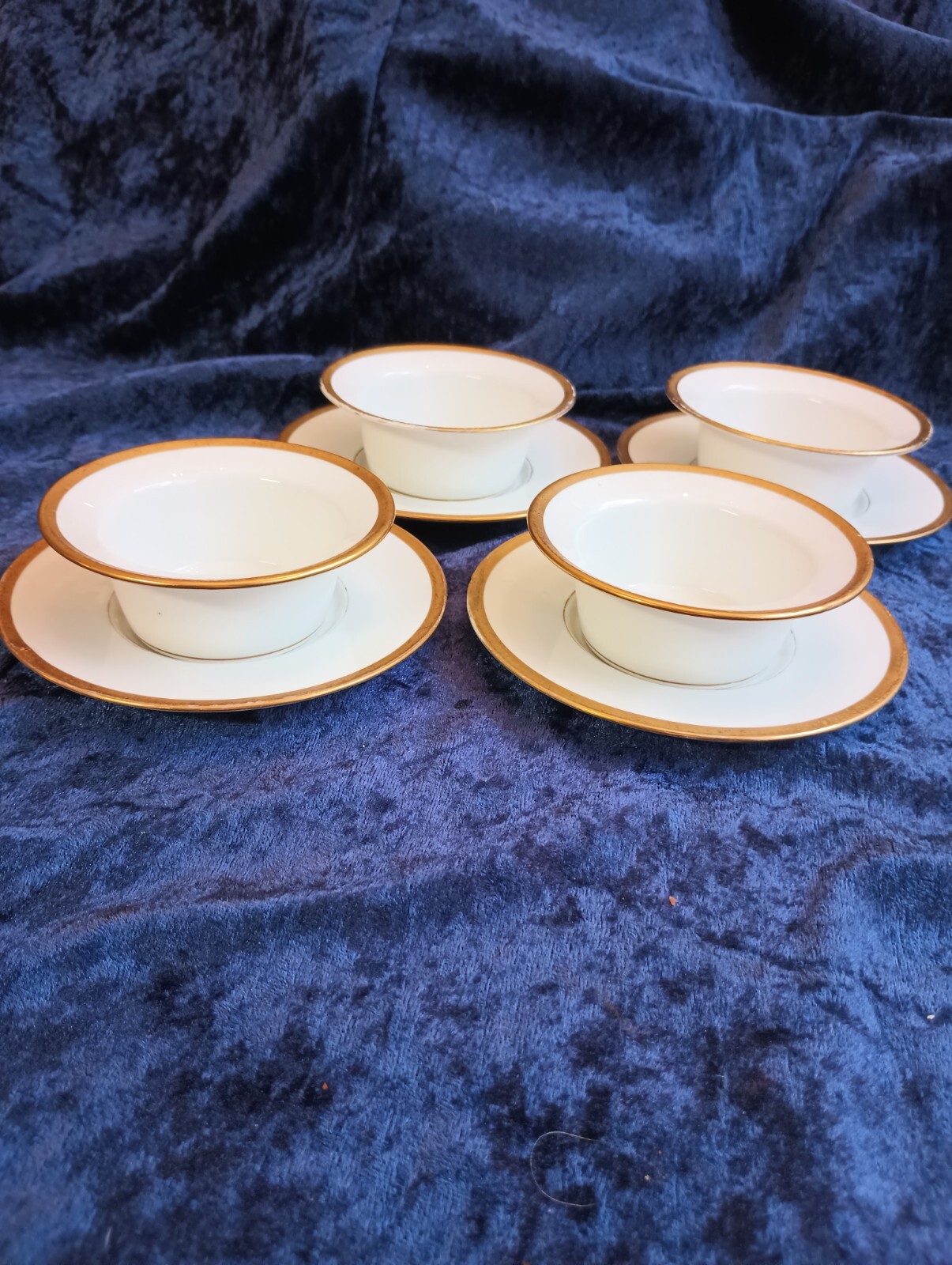 J P Limoges France Porcelain White & Gold Trim Ramekins With Saucers