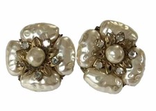 Vintage Miriam Haskell Clip On Earrings Baroque Pearl Rhinestones Flower