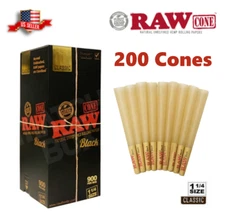 Authentic RAW Black 1 1/4 Size Pre-Rolled Cone 200 Pack & Fast Shipping US