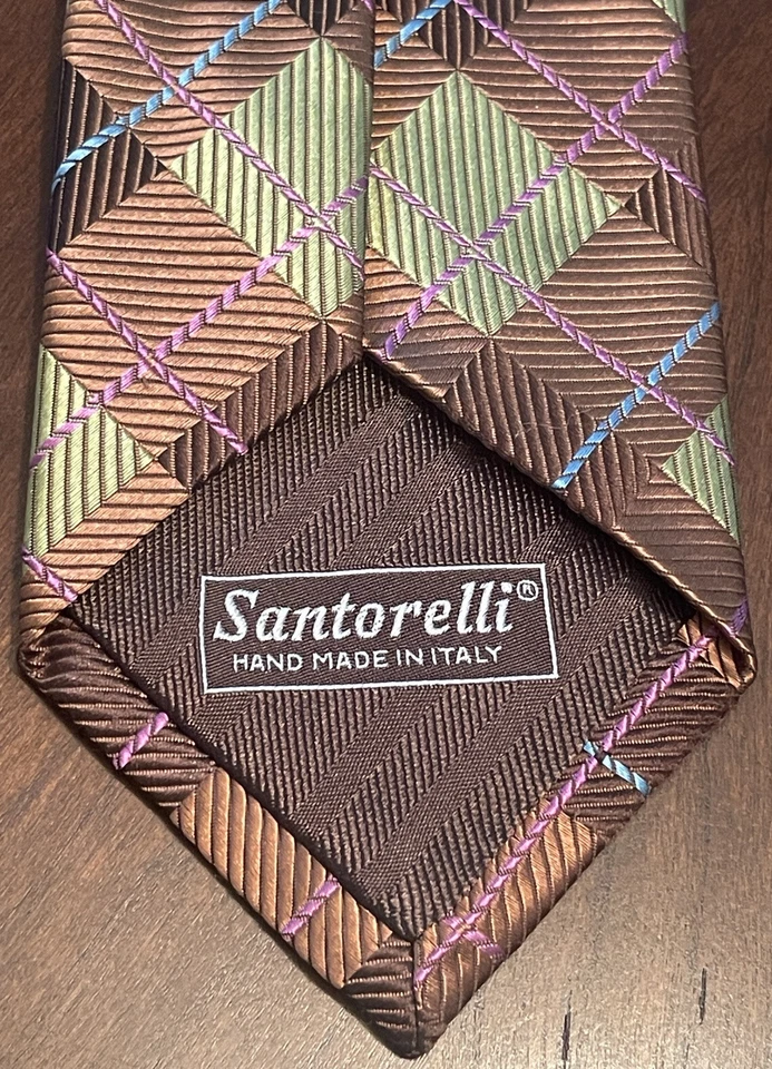 Corbata Santorelli Rosa Azul Marrón Hecha a Mano 100% Seda Hombre Hecha en Italia Foto 2 de 4