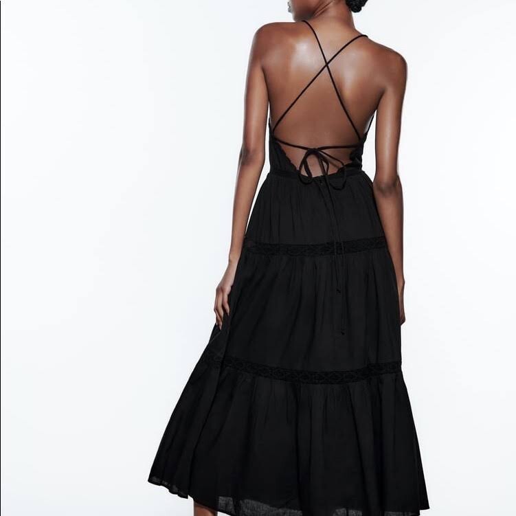 ZARA LACE INSERT MIDI DRESS BLACK SZ L 0881/401 | eBay