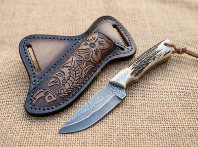 Copper Damascus Cowboy Skinner Knife Stag Antler Handle Leather Sheath Gift