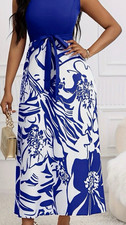 Women’s Blue/White Floral V-Neck Sleeveless Tie Waist Maxi Dress Stretch, S
