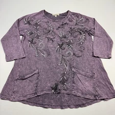 Jess & Jane Shirt Womens Small Purple Tunic Top 3/4 Sleeve Pockets Made USA