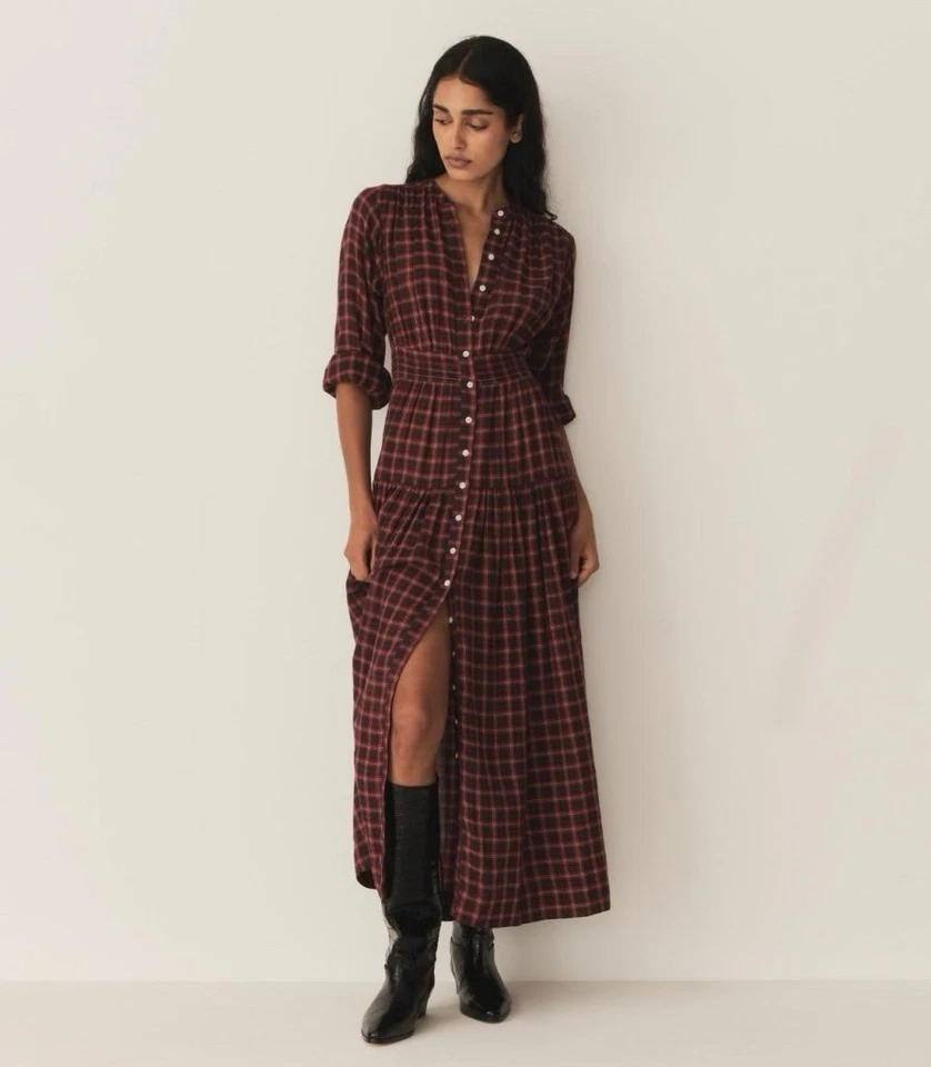 Doen Womens Annika Plaid Check Print Rough Countryside Cotton Maxi Gown Dress XS - Image 2 of 4