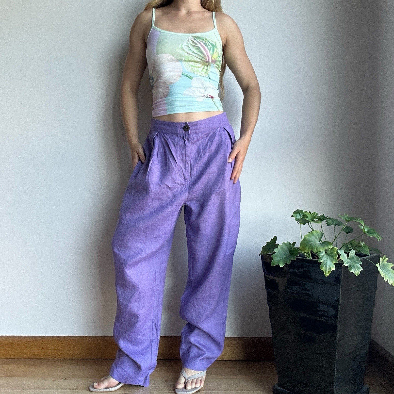 Gorman Women's 12 Purple 100% Linen High Waist Elastic Waist Pants