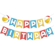 Beach Ball Happy Birthday Banner, 2-Piece Summer Pool Birthday Party Decorati...