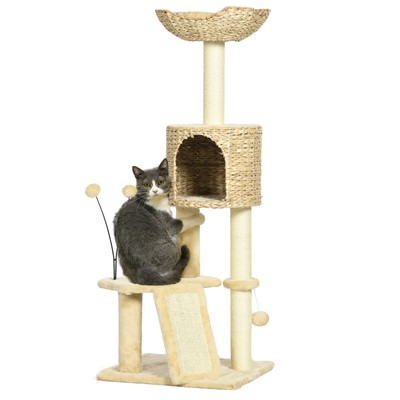 PawHut 116cm Katzenbaumturm mit Kratzbaum, Katzenhaus, Ball, Plattform, beige