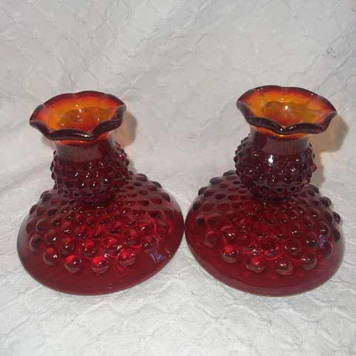 VTG Set Of Fenton glass ruby red hobnail candle holders - UV glow MCM