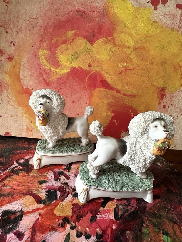 Porcelain Poodles 2 Golden Anchor Mark 1880/1910 w Baskets Hand Painted Chelsea