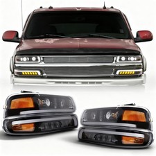 DOT LED BAR DRL BLACK Headlights Assembly For 99-02 Chevy Silverado 00-06 Tahoe