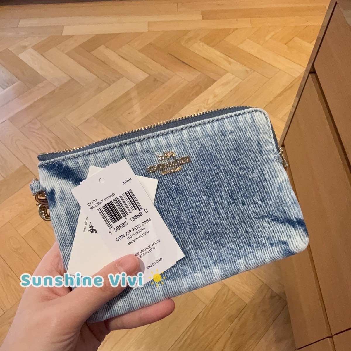 NWT Coach Corner Zip Wristlet Loved Denim With Charms CEF82 Gold