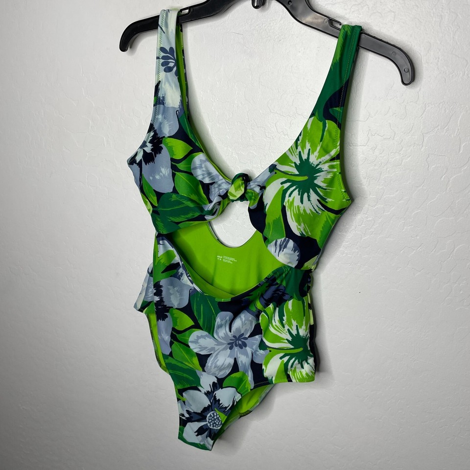 Aerie Swimsuit Womens Medium Green Navy Floral One Piece Knot Cut Out