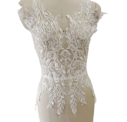 OFF WHITE Abito da sposa 65*48 cm paillettes perline pizzo petto fiori 3D applique colletto pizzo