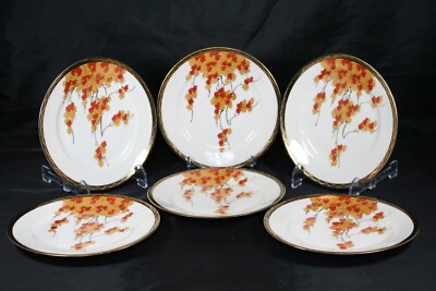 VINTAGE SATSUMA KAZAN MAPLE LEAF BRANCH ORANGE WHITE GOLD 7 1/4'' PLATES-JAPAN- 6