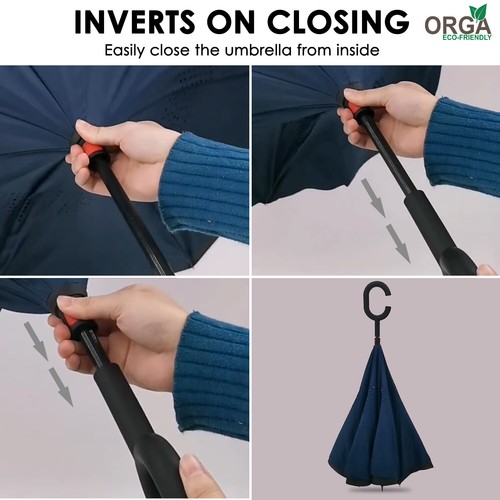 Umbrella C-Handle Inverted Upside Down-Reverse Double Layer Windproof UK - Picture 5 of 6