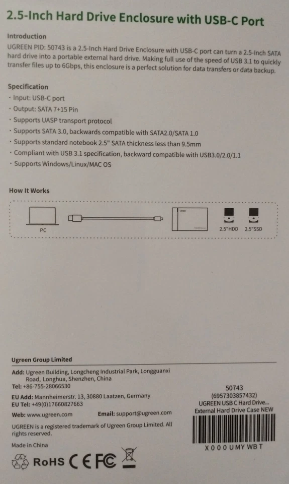 UGREEN Festplattengehäuse 2,5 Zoll HDD USB C 3.1 6Gbps 6TB NEU+OVP - Bild 2 von 2