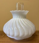 Vtg Swirl White Milk Glass Shade w/ Hurricane Chimney Tension Pole Lamp 6 1/2"