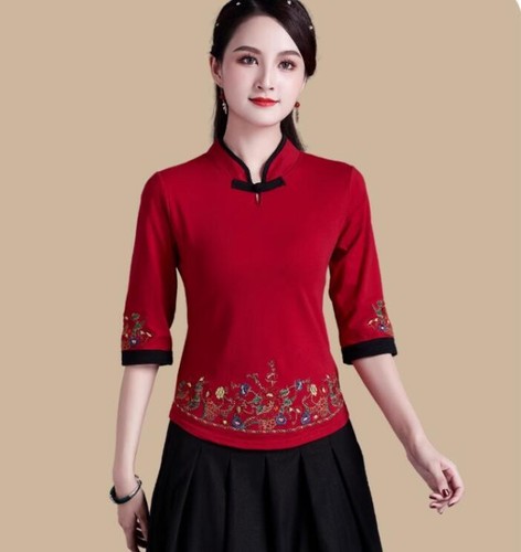 New Women's 3/4 sleeve Embroidery Tops Casual ethnic Shirts Buckle Blouse Cotton - Picture 9 of 12