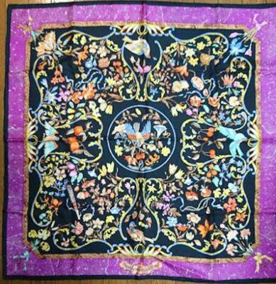 Hermes Scarf Stole PIERRES d' ORIENT et d' OCCIDENT Purple Floral Silk 90cm Ex++