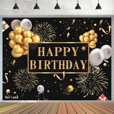 Black and Gold Happy Birthday Backdrop Banner Photo Booth Background Party Decor