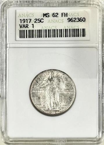 1917 STANDING LIBERTY SILVER QUARTER TYPE 1 ANACS MS62FH SOAP BOX HOLDER