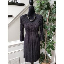 Max Studio Shift Dress Womens XS Black Stretch Ruched Midi Length Flared Sleeve