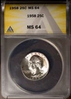 1958 25c Silver Washington Quarter MS 64 New ANACS # 7473651 + Bonus