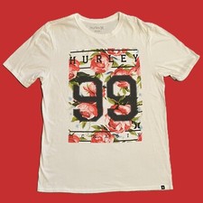 HURLEY WOMENS TSHIRT Medium WHITE with ROSE GRAPHIC Cotton