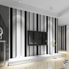 10M Non-Woven Black White Grey Striped Design Feature Wallpaper Living Room Deco