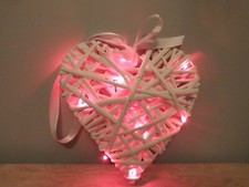 WICKER RATTAN HEART - SHABBY CHIC - OFF WHITE  WITH RED LED LIGHTS