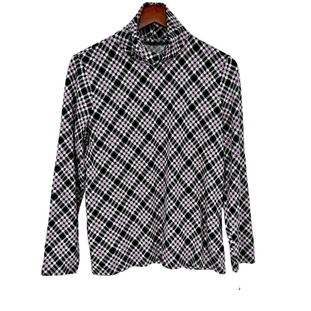 NEW NWT Talbots Large Pink Black Plaid Long Sleeve Stretchy Christmas Shirt  Top