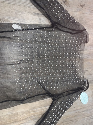 Women's Rhinestone Pearl See-through Mesh Long Sleeve Crop Tops Blouse T-Shirt - Picture 2 of 4