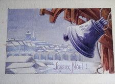 Ecole FRANCAISE XIX DESSIN AQUARELLE PAYSAGE HIVER NEIGE CLOCHE JOYEUX NOEL 1900