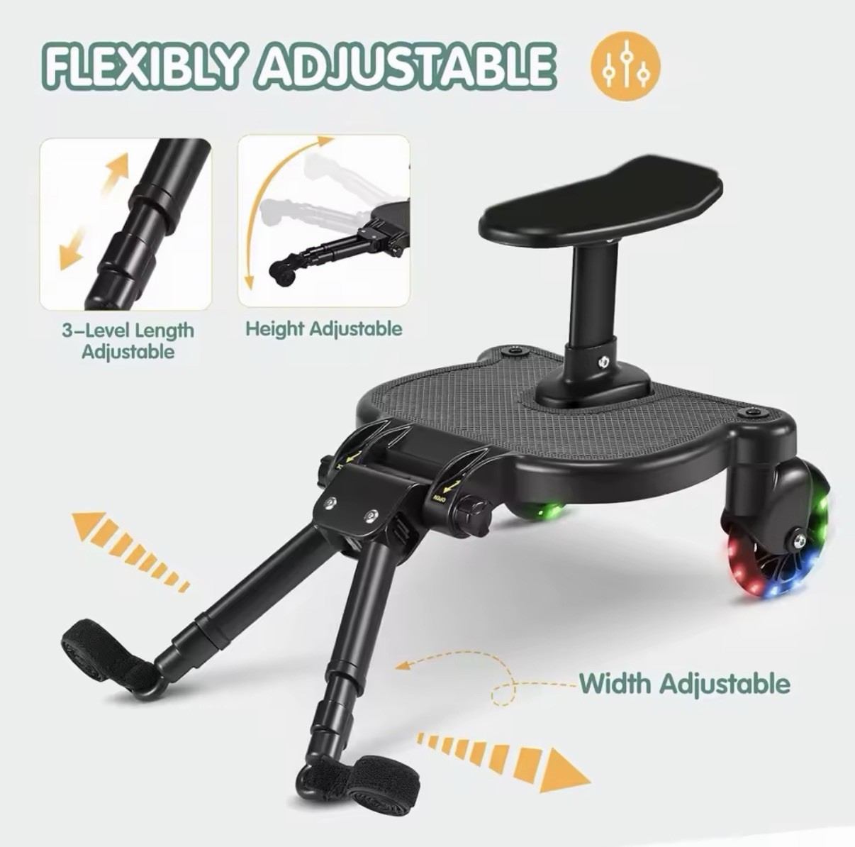 Pedana universale passeggino nera con sedile rimovibile, ruote 360° LED foto 3