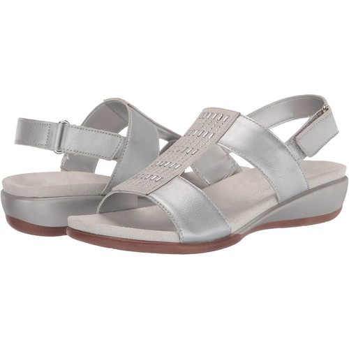 Easy Spirit Women Silver Leather Open Toe Slingback Casual Flat Sandals Size 8.5