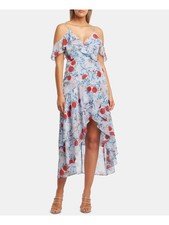 BARDOT Womens Light Blue Short Sleeve V Neck Tea-Length Hi-Lo Dress S