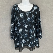 Simply Vera Vera Wang Crinkle Top Womens Sz XL Floral 3/4 Sleeve Tunic Blue