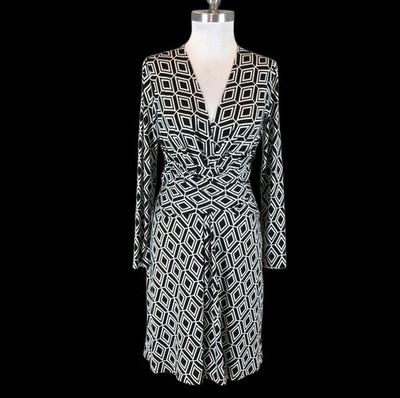 Cache Faux Wrap Dress Size M ISSA Black White Flare Long Sleeve Geo Career VTG