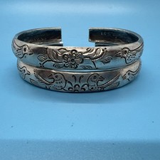 Pair Antique Chinese Silver Chased Split Bracelets / Birds & Flowers