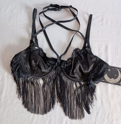 KILLSTAR She's Poison Black Fringe Bra, Lace And Sequin Accents, Size XL