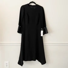 NEW $610 Rickie Freeman Teri John Sz 6 Crepe Pearl Trim Black Midi Dress Classic