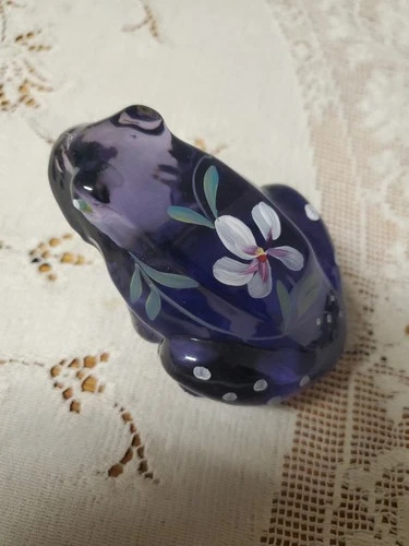 Fenton Amethyst Purple Glass Frog Figurine Hand Painted Flowers Signed