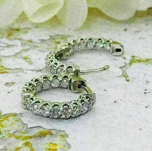 3Ct Round Cut Lab-Created Diamond Huggie Hoop Women Earrings 14k White Gold Over - Image 2 of 4