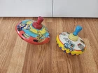 2 Vintage Tin Litho Tops Antique Toy Ohio Art J. Chein Mechanical Circus Graphic